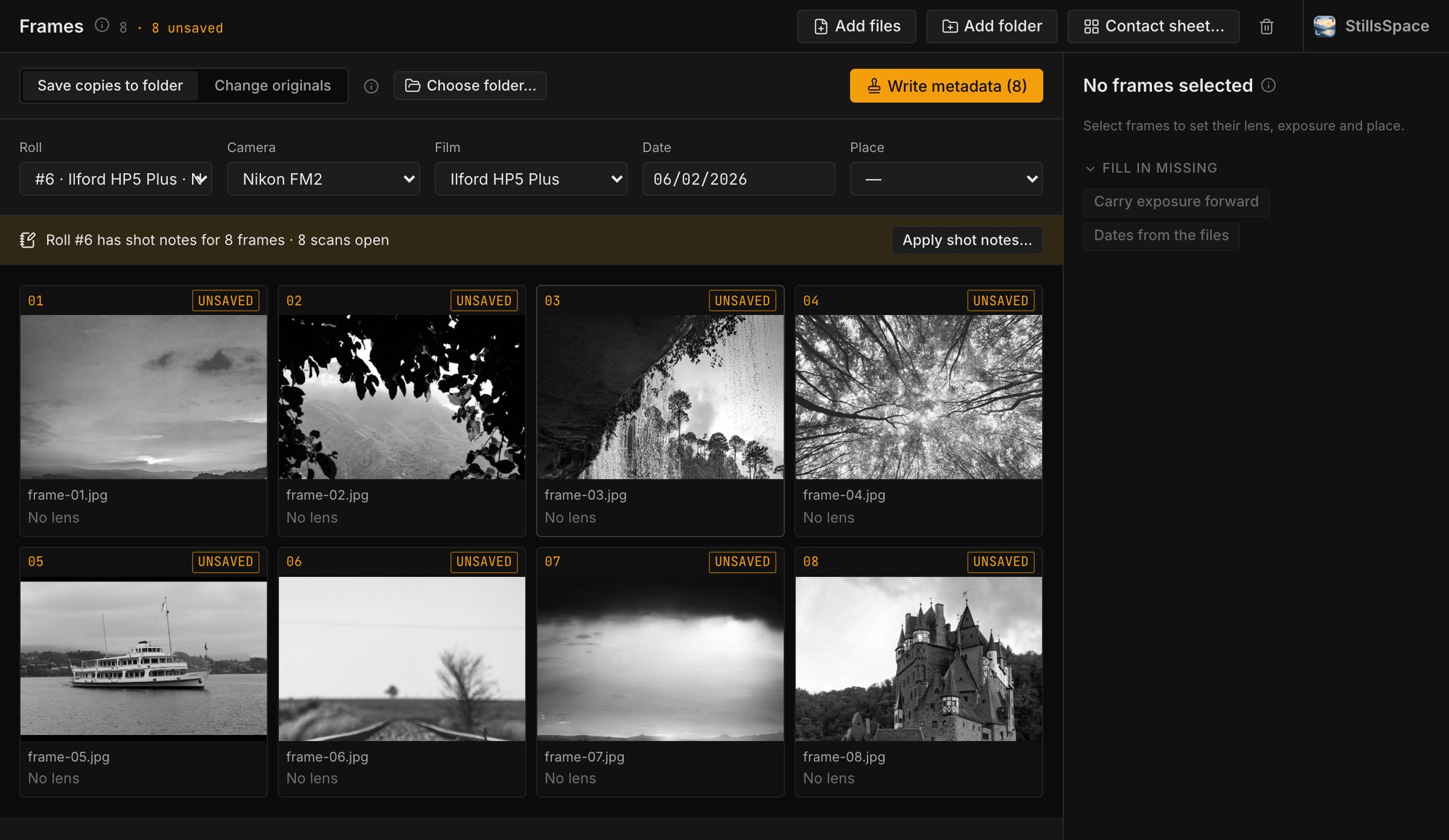Frames: eight black-and-white frames of a roll with camera, film and date